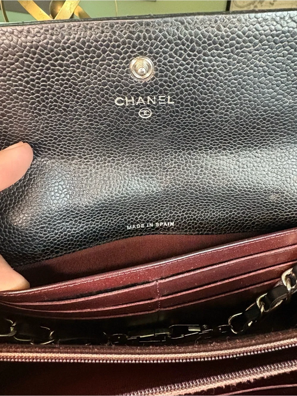 CHANEL Black Quilted Silver Hardware Wallet with Added Chain